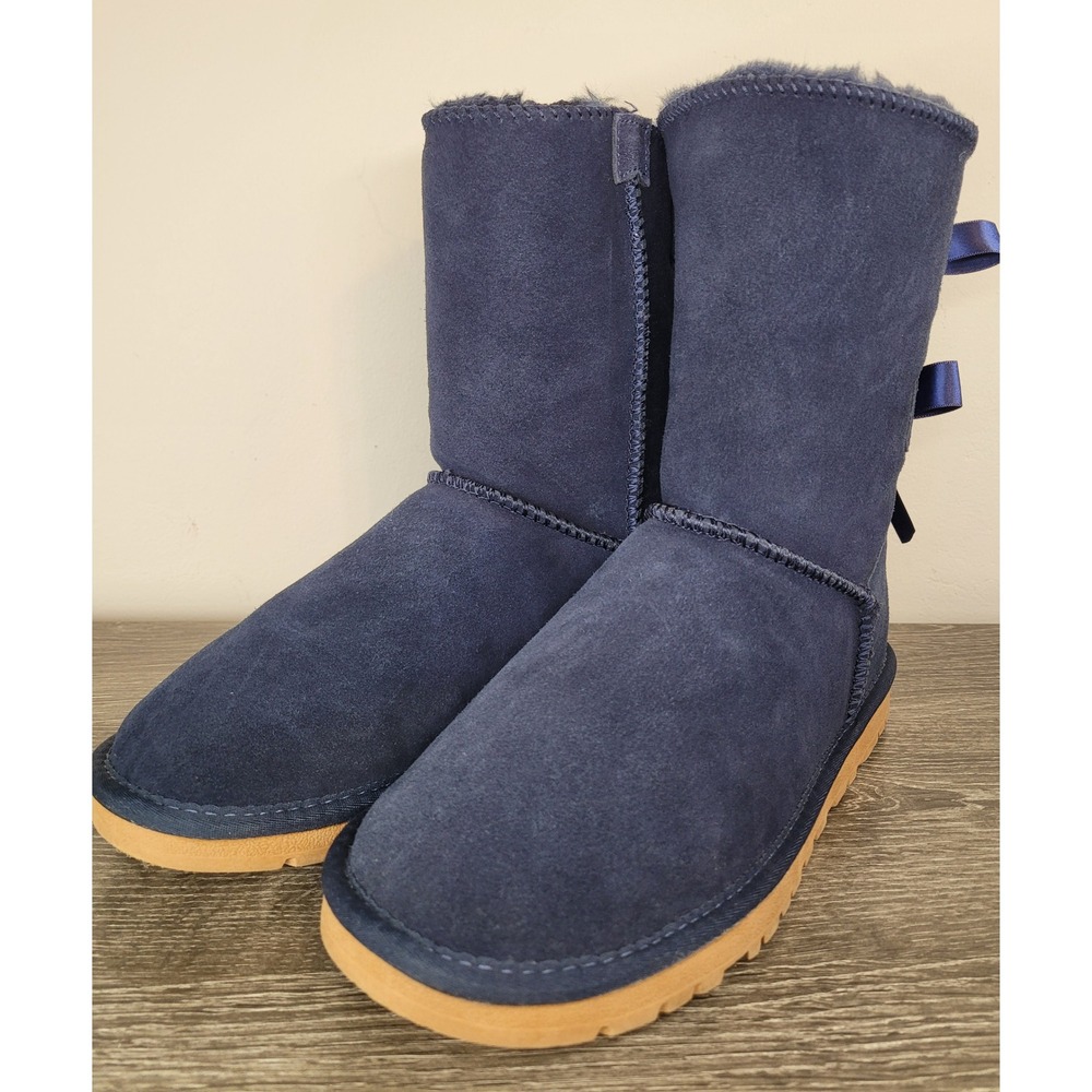 SMAIBULUN Navy Blue Suede Sheepskin Boots Double Bow Back F19010D W10 UGG